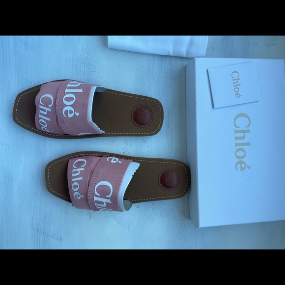 ❌SOLD❌Chloe Woody Logo Print Canvas Slides Sandals Slippers Pink White - Picture 6 of 10